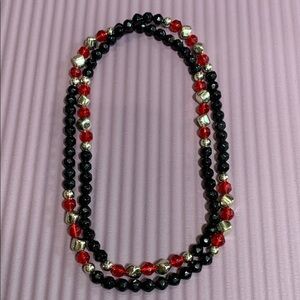 {Vintage} Black & Red Beaded Necklace with Silver Accents